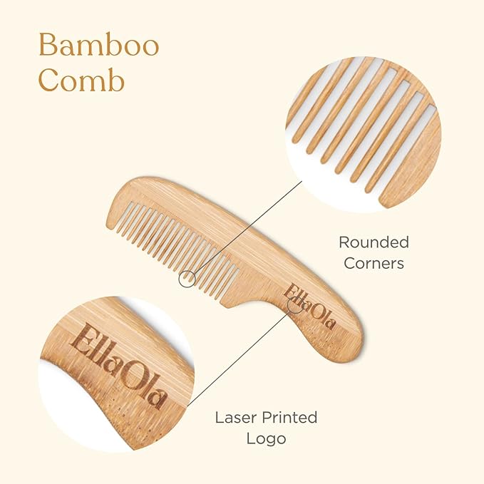 Natural Bamboo Hair Brush & Comb Set, 3 Piece - Cradle Cap Brush, Massage Hair Brush, Bamboo Comb for Toddlers, Newborns & Infants I Baby Registry Gift
