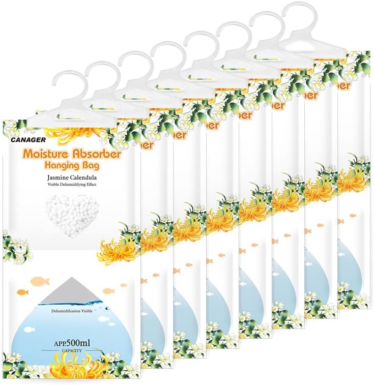 CANAGER Hanging Moisture Absorber, Jasmine Calendula Moistureproof Hanging Bag，Dehumidifier Bag (8 packs) Hanging Closet Dehumidifier Bags, Moisture Absorb 12.5 oz