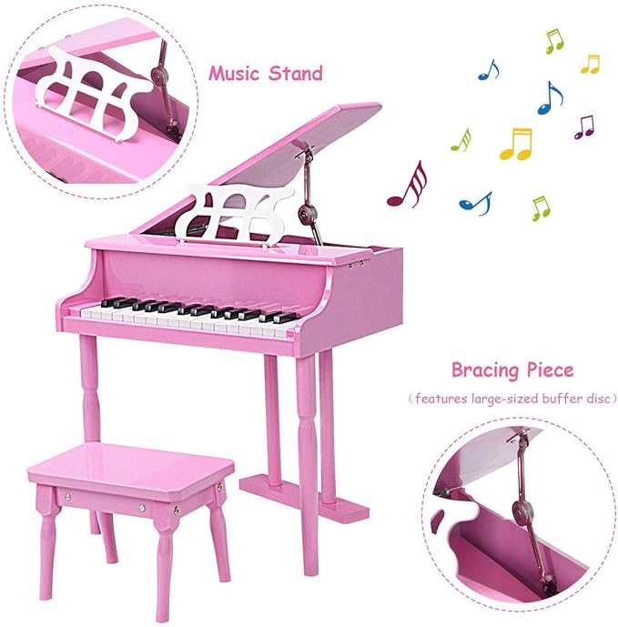 Goplus 30-Key Classical Kids Piano, Mini Grand Piano Wooden Learn-to-Play Musical Instrument Toy with Bench, Piano Lid, Music Rack, Gift for Boys Girls Aged 2+ Baby Toddler (3 Straight Leg-Pink)