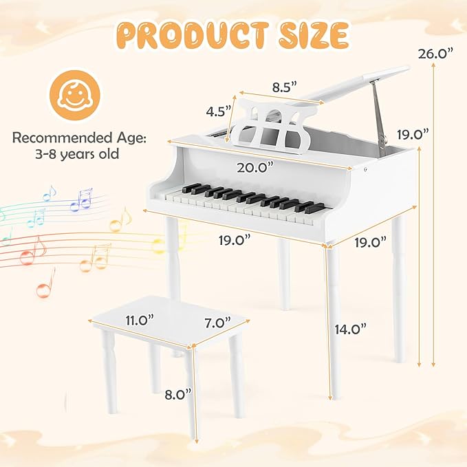 Goplus 30-Key Classical Kids Piano, Mini Grand Piano Wooden Learn-to-Play Musical Instrument Toy with Bench, Piano Lid, Music Rack, Gift for Boys Girls Aged 2+ Baby Toddler(4 Straight Leg-White)