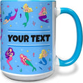 Personalized Mug for Kids - Mermaids - Custom Name/Text, Ceramic Hot Chocolate/Cocoa/Coffee Cup for Girls, Birthday/Christmas/Holiday Gift - 15 oz, Light Blue Handle