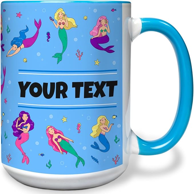 Personalized Mug for Kids - Mermaids - Custom Name/Text, Ceramic Hot Chocolate/Cocoa/Coffee Cup for Girls, Birthday/Christmas/Holiday Gift - 15 oz, Light Blue Handle
