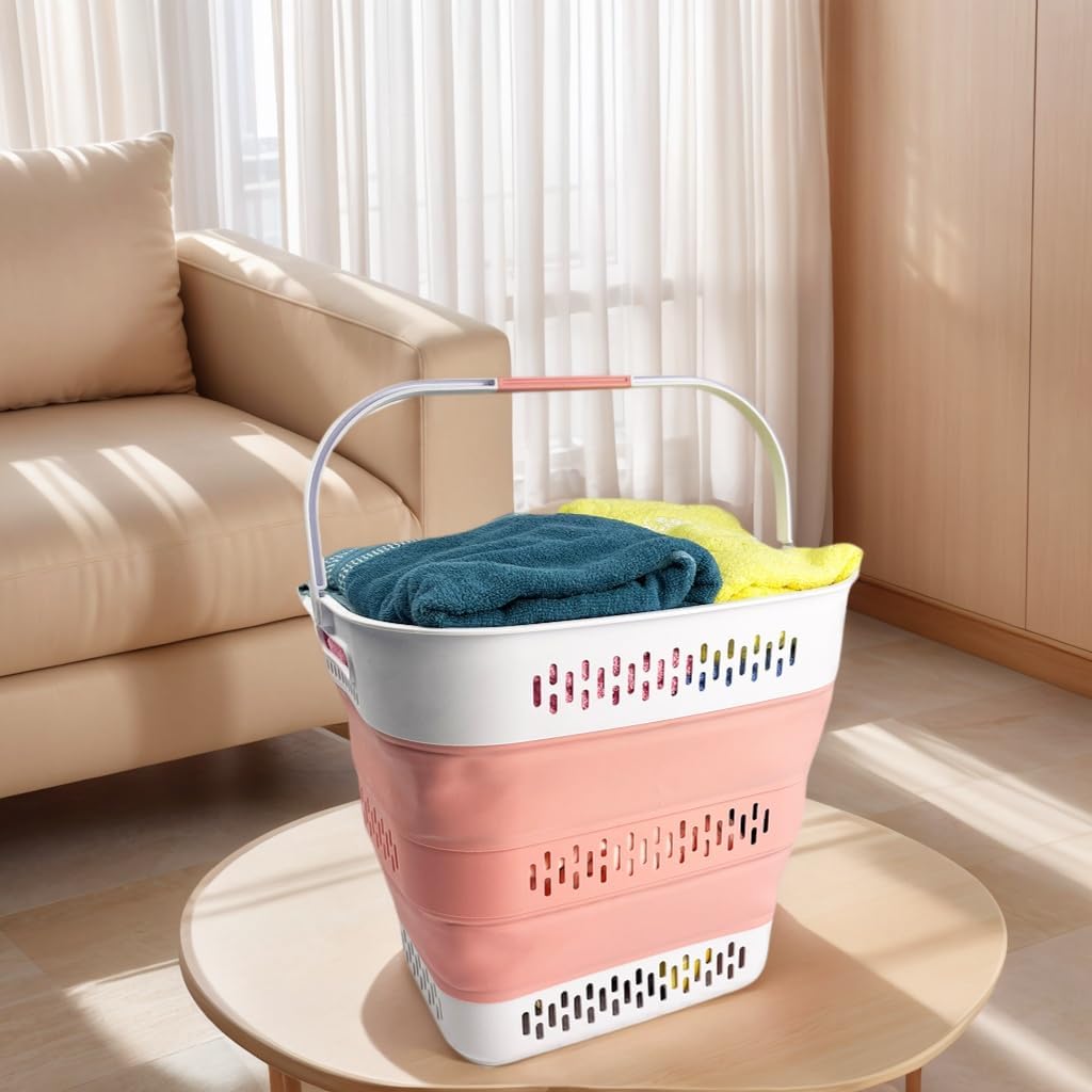 SAMMART 40L (10.5 Gallon) Collapsible Plastic Laundry Basket with Handles - Foldable Pop Up Storage Container/Organizer - Portable Laundry Hamper - Space Saving (1, Grey/Quartz Pink)