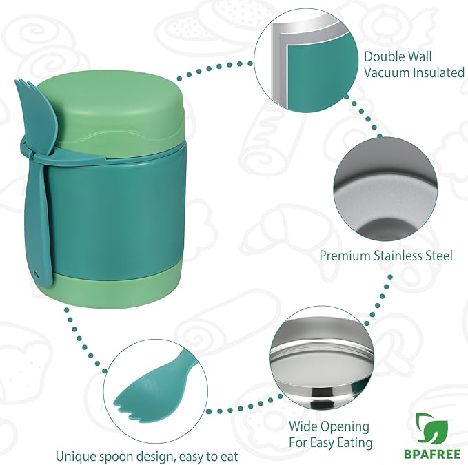 10oz Soup Thermo for Hot Food Kids,Lunch Thermo Kids Food Jar with Spoon Hot Insulated Food Containers,Leak Proof Stainless Steel Wide Mouth Lunch Food Thermo Jar for School(Green)
