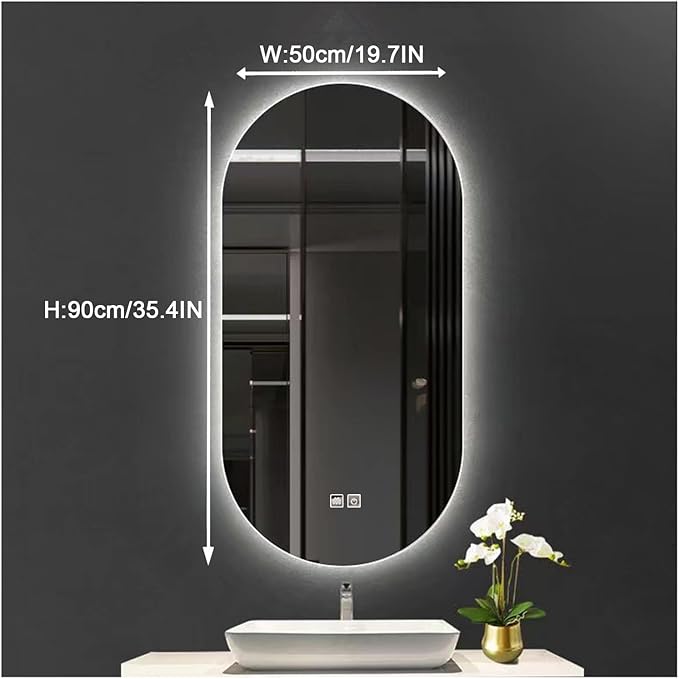 Bathroom Led Mirror ，Bathroom Mirror with LED Lights，LED Mirror for Bathroom，Backlit Bathroom Mirror ，Backlit Lighted Makeup Mirror，with Touch Sensor/Dimming/Demister pad(B,H90*W50cm/H35.4*W19.7IN)