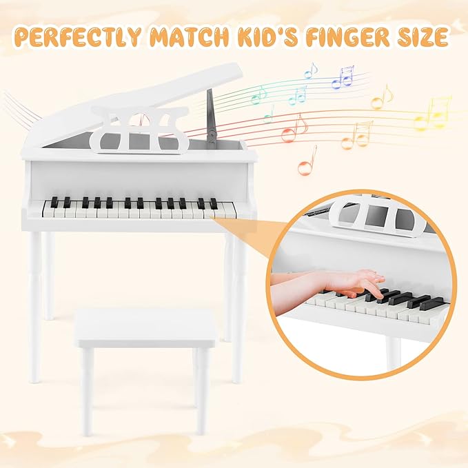Goplus 30-Key Classical Kids Piano, Mini Grand Piano Wooden Learn-to-Play Musical Instrument Toy with Bench, Piano Lid, Music Rack, Gift for Boys Girls Aged 2+ Baby Toddler(4 Straight Leg-White)