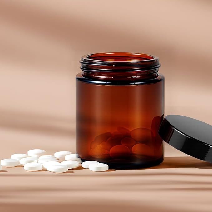 4 oz Glass Jars with Lids, Hoa Kinh 40 Pack Amber Small Glass Jars with Black Lids Empty Cosmetic Containers Airtight Round Glass Jar for Lotions, Powders and Ointments