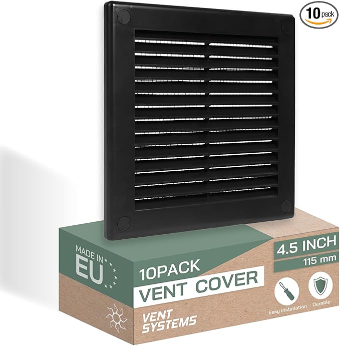 Vent Systems 4.5" x 4.5" Inch (Opening Dimensions) - Pack of 10 - Plastic Black Soffit Vent Cover - Flat Square Air Vent Grille - Air Vent Deflector - HVAC 5.9" x 5.9" Inch (Overall Dimensions)