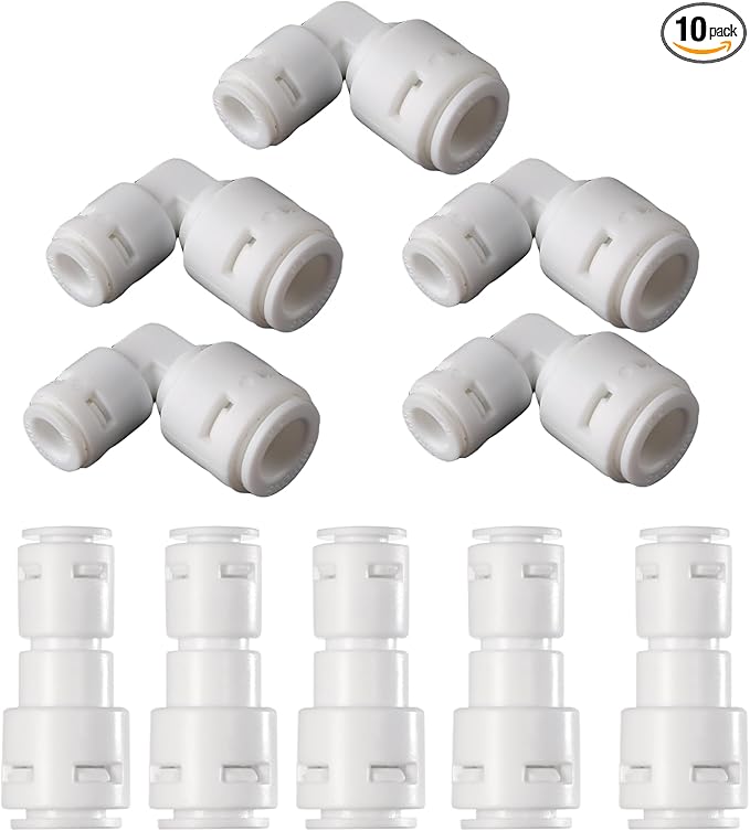10-Pack 3/8" to 1/4" Push to Connect Fitting Kit - 5 Straight + 5 Elbow Adapters for RO Water Systems/Refrigerators | POM Quick Connect Fittings with Leak-Proof Seals