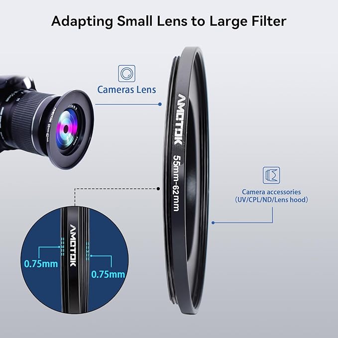 55mm Lens to 62mm Camera Lens Adapter,55mm to 62mm Filter Step-up Ring Adapter Ring,Compatible All 62mm Filter Accessory