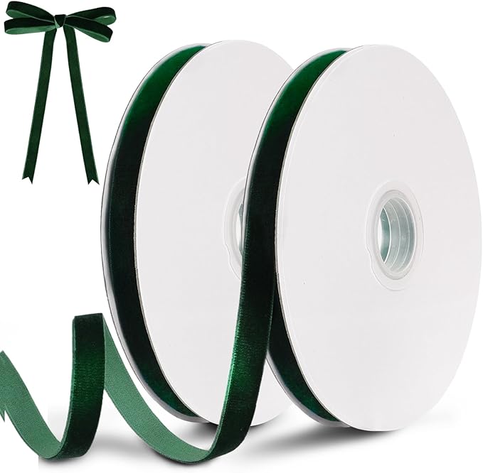 Dark Green Velvet Ribbon, 0.39 Inch x 20 Yards Single Faced Green Ribbon for Gift Wrapping, Bow Making, Christmas Tree Decorations, Wreath Making and DIY Crafts (10 Yards Each Roll)