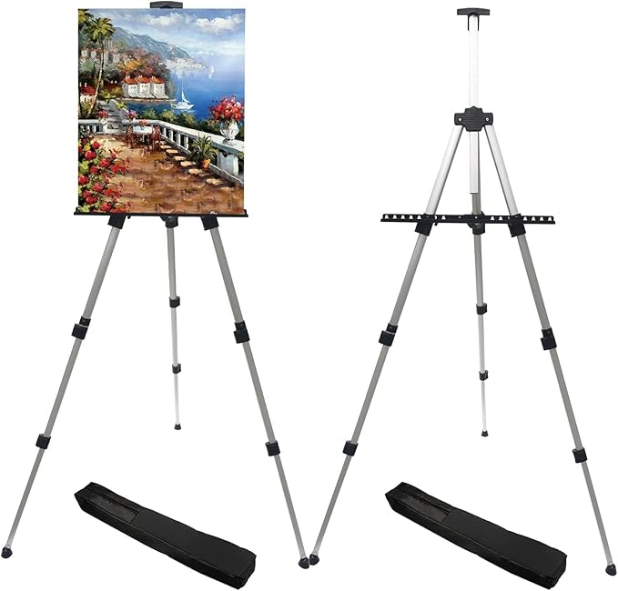 RRFTOK Art Painting Artist Easel Stand,Aluminum Metal Tripod Adjustable Easels for Painter Canvases Height from 17 to 66 Inch - Carry Bag for Table-Top/Floor Drawing and Displaying 2-Pack.