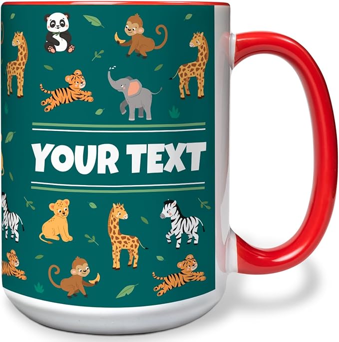 Personalized Mug for Kids - Zoo Animals - Custom Name/Text, Ceramic Hot Chocolate/Cocoa/Coffee Cup for Boys/Girls, Birthday/Christmas/Holiday Gift - 15 oz, Red Handle