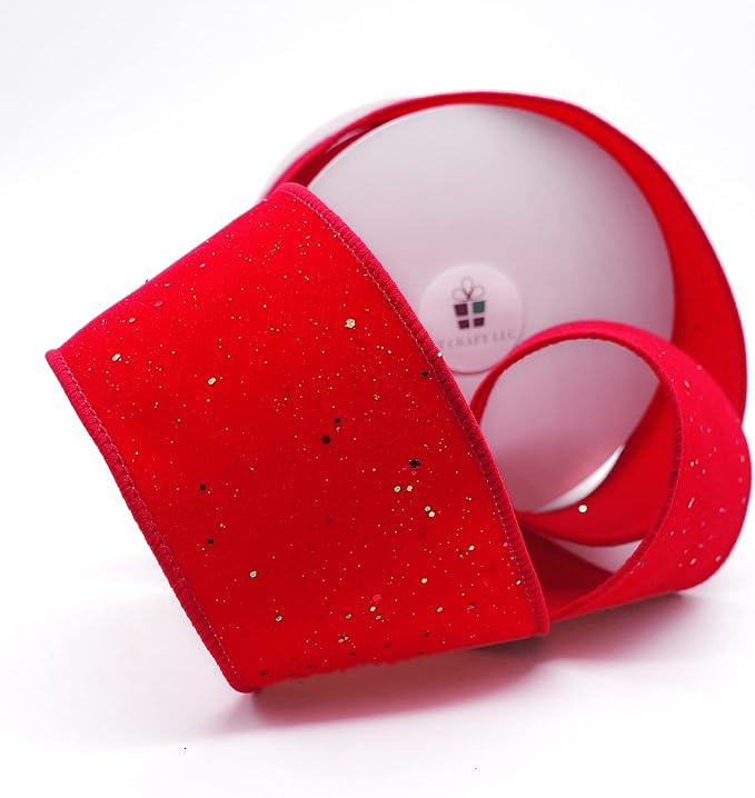 CT CRAFT LLC Red Velvet with Confetti Glitter Wired Ribbon 2.5 Inch x 10 Yards for Christmas Home Decor Tree Topper Bow Gift Wrapping DIY Crafts Wreath Garland