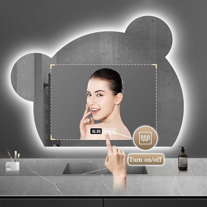 LTSRLL LED Vanity Mirror Cute Bear Decorative Mirror for Bathroom & Dressing Tabler Backlight Wall Mirror with 3 Color Dimmable Light Demister Pad Human Body Sensor Switch(Cut Right,80cmx95cm)