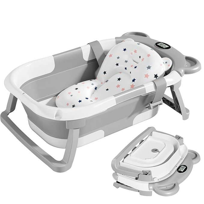 TPN Collapsible Baby Bathtub, Baby Bath Tub with Soft Cushion & Real-Time Thermometer, Baby Bathtub Infant to Toddler Tub (0-36 Months), Portable Newborn Travel Bath tub