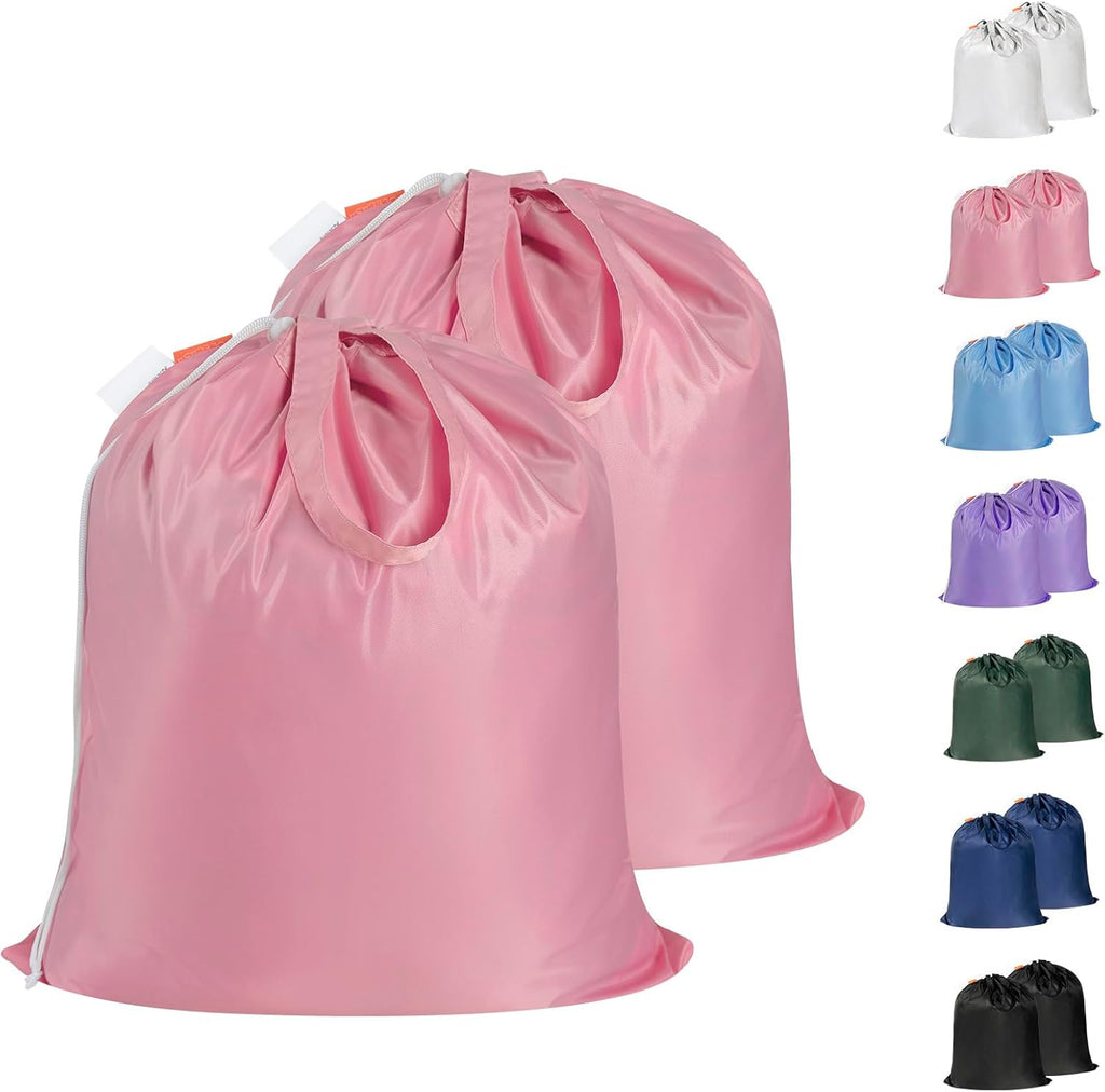 Polecasa Small Heavy Duty Laundry Bag with 130gsm Tear Resistant Fabric and Handles, Easy to Carry Durable Dirty Clothes Drawstring Bag, Perfect for College Dorm, Travel, 2 Pack 21”x24”,Pink