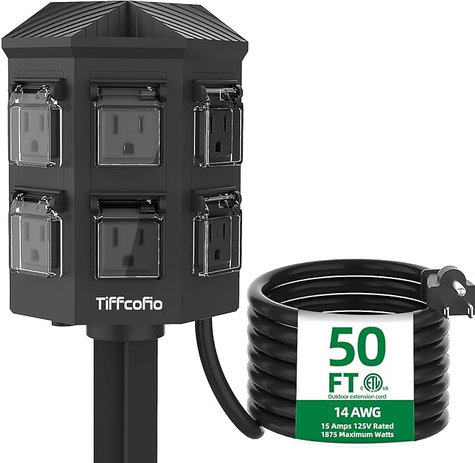 TiFFCOFiO Outdoor Power Strip Weatherproof, 50 FT Extension Cord with Power Stake, 6 Grounded Outlets for Outdoor Lights, 15A/1875W, ETL Listed