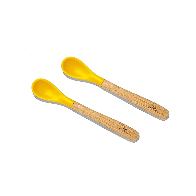 Avanchy Bamboo & Silicone Infant Training Spoons, BPA Free - Soft Tip, Easy on Gums, First Stage Feeding Utensils for Baby-Led Weaning, Self-Feeding, Yellow