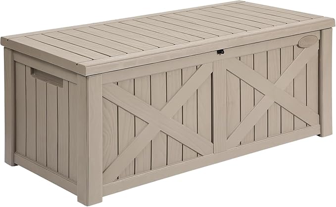 YITAHOME 120 Gallon Large Deck Box with X-Shaped Front, Resin Outdoor Storage Boxes, Waterproof Cushion Storage Bench for Patio, Pool Supplies, Garden Tools - Lockable, Taupe