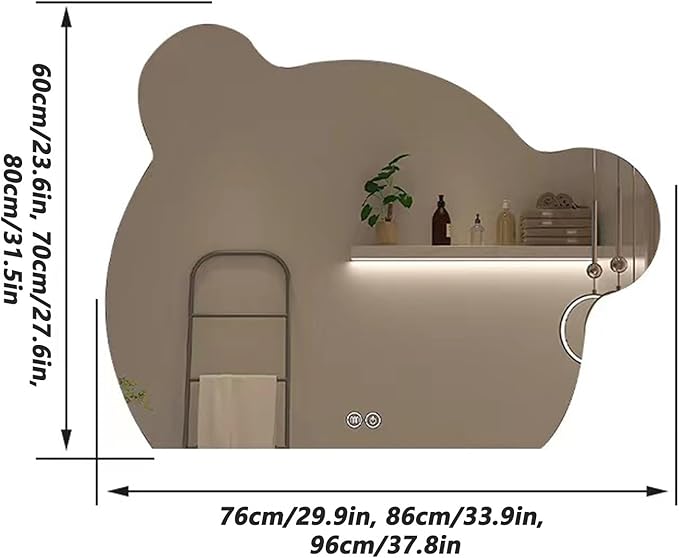 Cute Bear Wall Mirror, Wall Mounted Multifunction Bathroom Vanity Mirror with LED Lights and Demister Pad, 3-Color Dimmable LED Light, Decorative Mirror(A,70x86cm)
