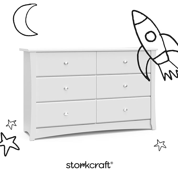 Storkcraft Crescent 6 Drawer Double Dresser (White) – GREENGUARD Gold Certified, Nursery Dresser for Kids Bedroom