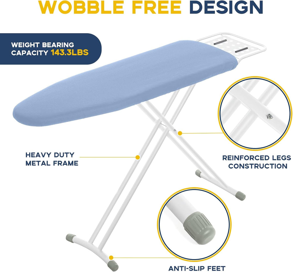 Full Size Ironing Board with Iron Rest, Heavy Duty Compact Ironing Board 43"x13" with Thick Cover and Pad, Height Adjustable Sturdy Iron Stand, Blue