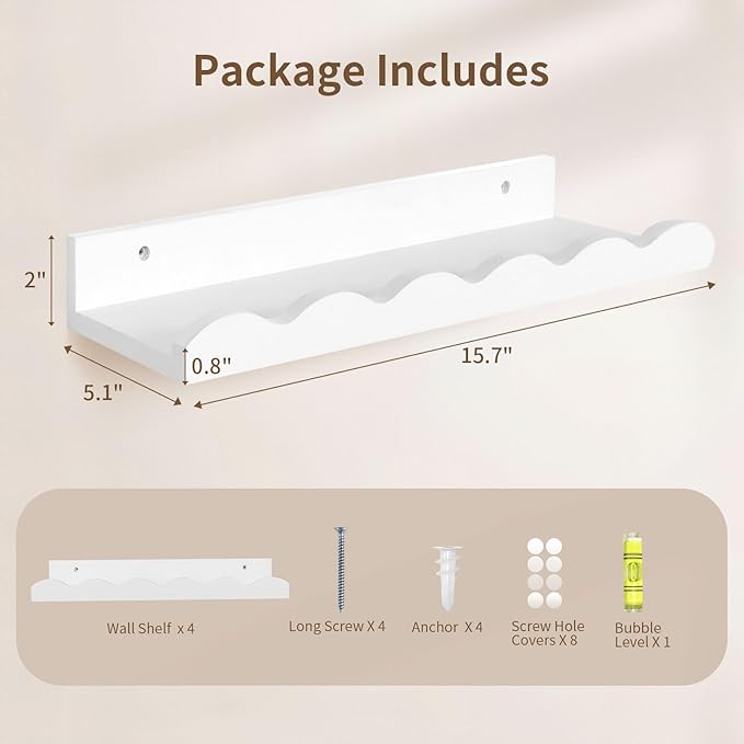 Nursery Book Shelves, 4 Pack White Floating Shelves for Wall, Wood Scalloped Shelves for Storage Books, Wall Book Shelf for Kids Rooms, Bedroom, Toddler Room, Baby Room, Nursery Decor