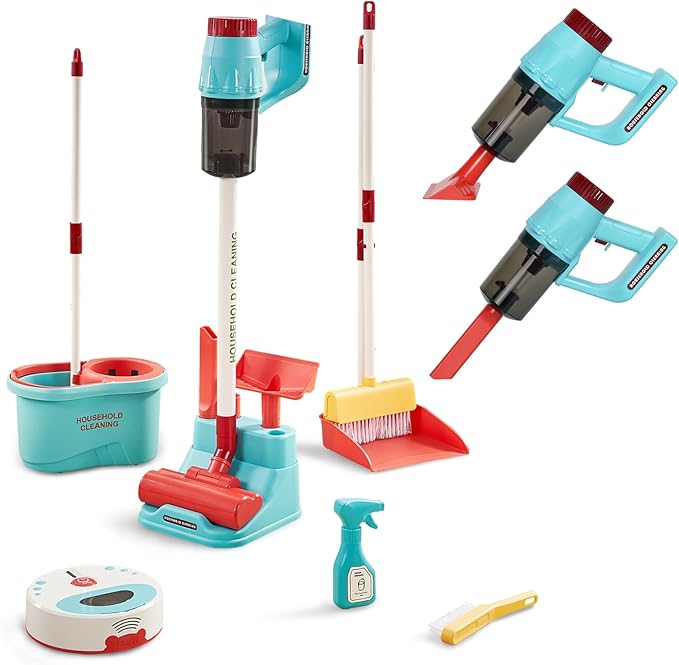 3-in-1 Kids Cleaning Toy Set, Working Toy Vacuum with Real Suction, Toddler Broom & Mop, Pretend Home Cleaning Kit for Boys & Girls Ages 3+