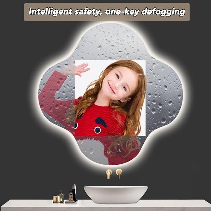 Irregular Bathroom Mirror with LED Light, Wall Mounted Mirror with Demister Pad, 3-Color Dimmable LED Light, for Wall, Living Room, Bedroom, Vanity, Entryway(90cm/35.4in)