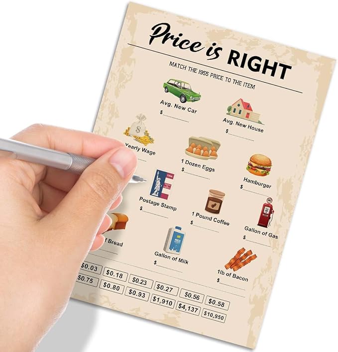 70th Birthday Party Games, Price is Right Games, Birthday Party Supplies for Adults, Fun 1955s Party Game，Pack of 30 Cards