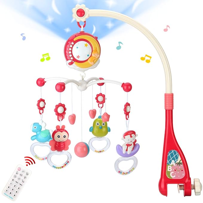 Mini Tudou Baby Musical Mobile Crib Toys with Projector and Light, Timing Function, Remote Control Baby Cot Mobile with Take Along Music Box and Rattles, Present for Newborn Babies Boys Girls