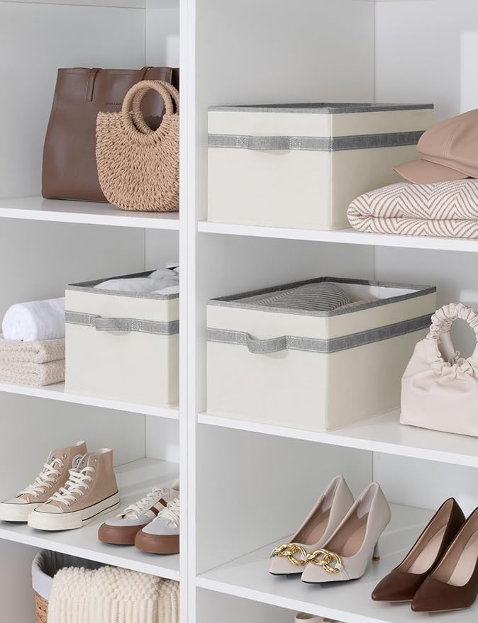 StorageWorks Storage Baskets for Shelves, Foldable Fabric Closet Storage Bins with Handles, Fabric Storage Bins Clothes Organizer, Beige and Gray, 3-Pack, Large