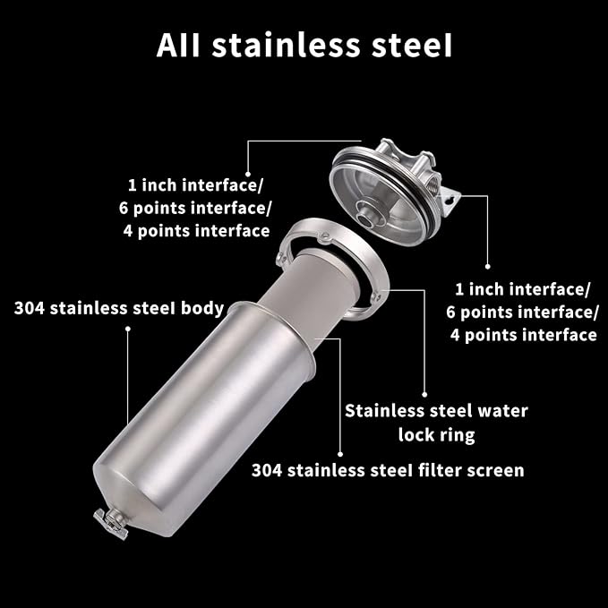Amwater NSF/ANSI 42 Certi Stainless Steel Jumbo Size Filter Housing for 20" Filter Cartridge, 1" NPT Water Filter Housing, Drain Valve Style C (Square Head)