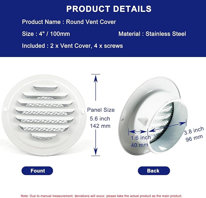 4 Inch Round Air Vent Covers,LouanXpert Stainless Steel Soffit Vent Covers Louvered Grille Cover Vent Flat Ducting Ventilation Air Outlet with Built-in Fine Mesh for House,Garage, RV(100mm - 2PCS)