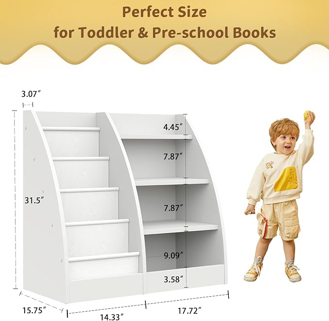 4 Tier Kids Bookshelf Set of 2, 4 Layer Sling Kids Book Shelf for Kids Rooms,Wood Children Bookcase,Baby Storage Book Rack,Toddler Bookshelf, Book and Toy Organizer,Book Display Shelf for Nursery