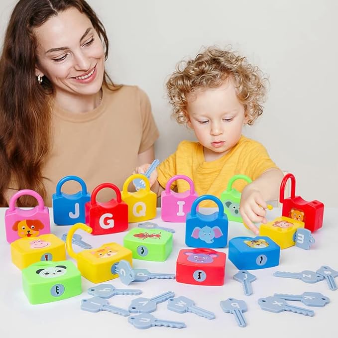 AXEARTE Montessori Educational Toys - Alphabet Learning Locks and Keys for Toddlers - 26 Locks & Keys Set - Baby Sensory Fine Motor Skills Toys - ABC Locks and Keys