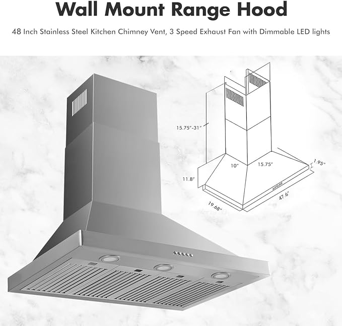 VAV Upgraded 48 inch Wall Mount Range Hood Vent Convertible Dual Motors 1500CFM Stainless Steel for Kitchen 4 Speed Exhaust Fan ETL listed (Upgraded Dual Motors)