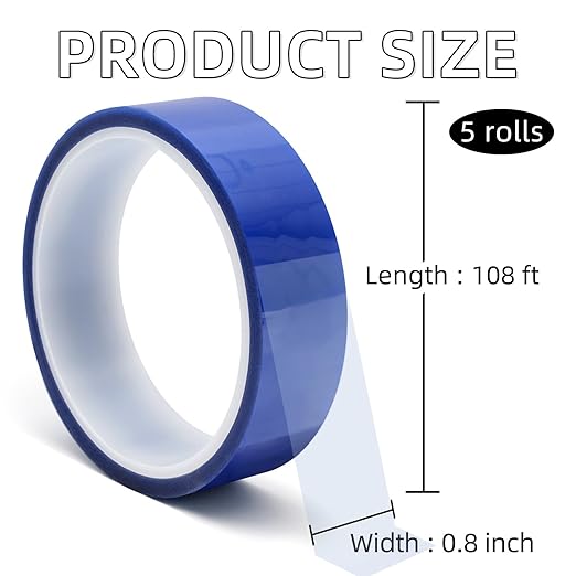 ROSEUP 5 Rolls 0.8 Inch x 108 Ft Blue Heat Resistant Tape, Heat Transfer Tape, Strong Heat Resistance, Long-Lasting Adhesion for Industrial Printing & Label Transfer