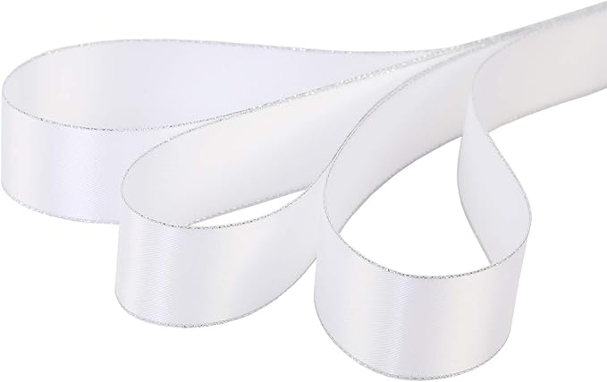 ITIsparkle 1" Inch Double Faced Satin Ribbon 25 Yards with Silver Edges, 1" X 25Yd - White