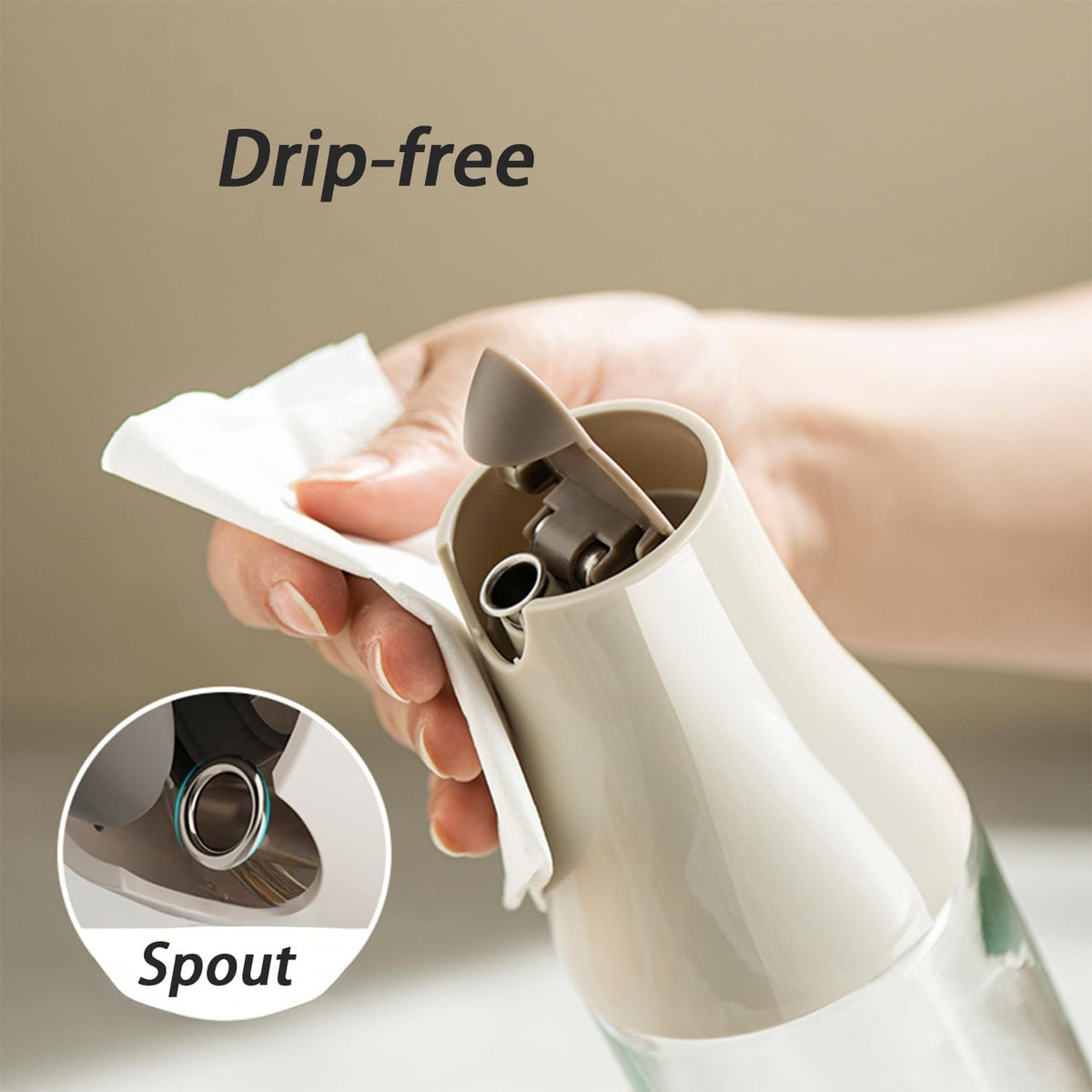 Olive Oil Dispenser Bottle, Auto Flip Non-Drip Design, Leak Proof Soy Sauce & Vinegar Dispenser, Glass Oil Bottle with 500ml Capacity, Warm Grey (1)