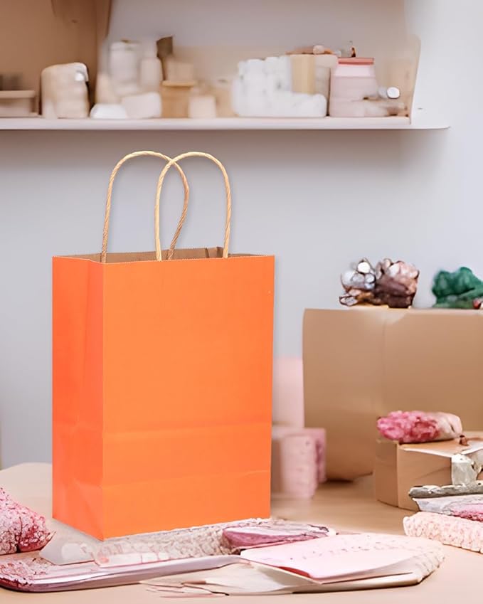 qiqee 32-Packs Orange Paper Gift Bags with Handles Bulk 7.6"x4.75"x10.5" Medium Size Gift Bags Multiple Uses