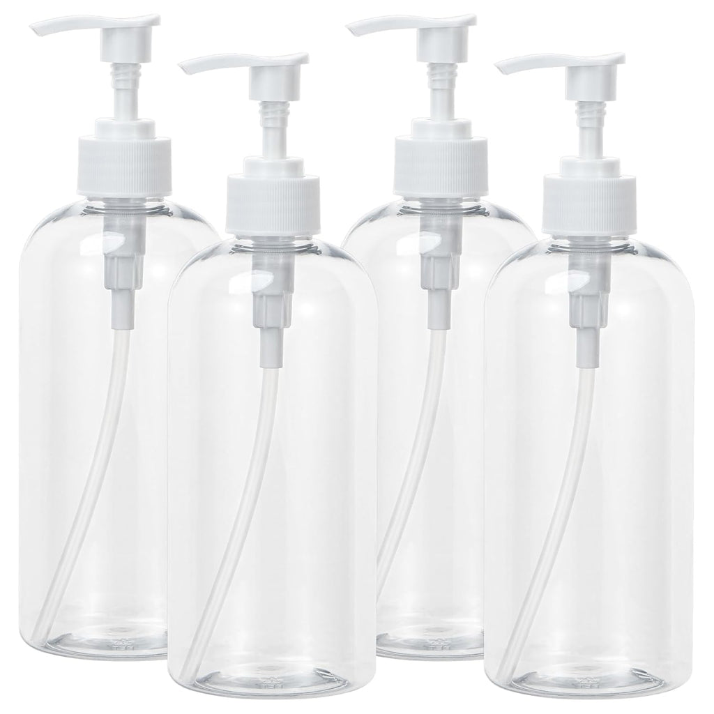 Yebeauty Plastic Pump Bottle, 4 Pack 17oz/500ml Stylish Shampoo Bottles Refillable Hand Soap Dish Soap Dispenser with Press for Massage Oil, Liquid Hand, Clear