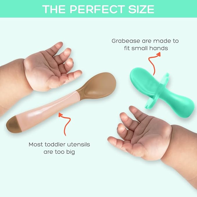 Grabease Baby Spoons and Forks Utensils for Toddlers Infants BPA-Free & Phthalate-Free Baby Silverware, 2 Sets, Mint and Orange - Toddler Spoon