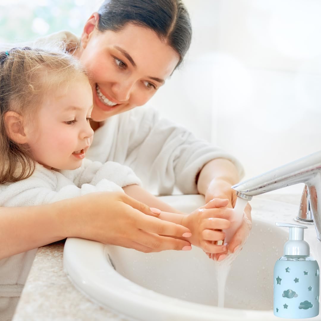 SoCal Suds & Company Glass Foaming Hand Soap Dispenser, Soft Grip Silicone Sleeve, Refillable Pump Bottle for Kids, Baby Wash & Shampoo, Ideal for Home Use, Light Blue 8oz