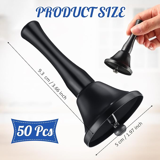 Yeshone 50 Pcs Hand Steel Call Bells Bulk Wedding Dinner Service Bells with Wood Handles for the Sick Elderly Alert Classroom Alarm, 1.97 x 3.66 Inches (Black)