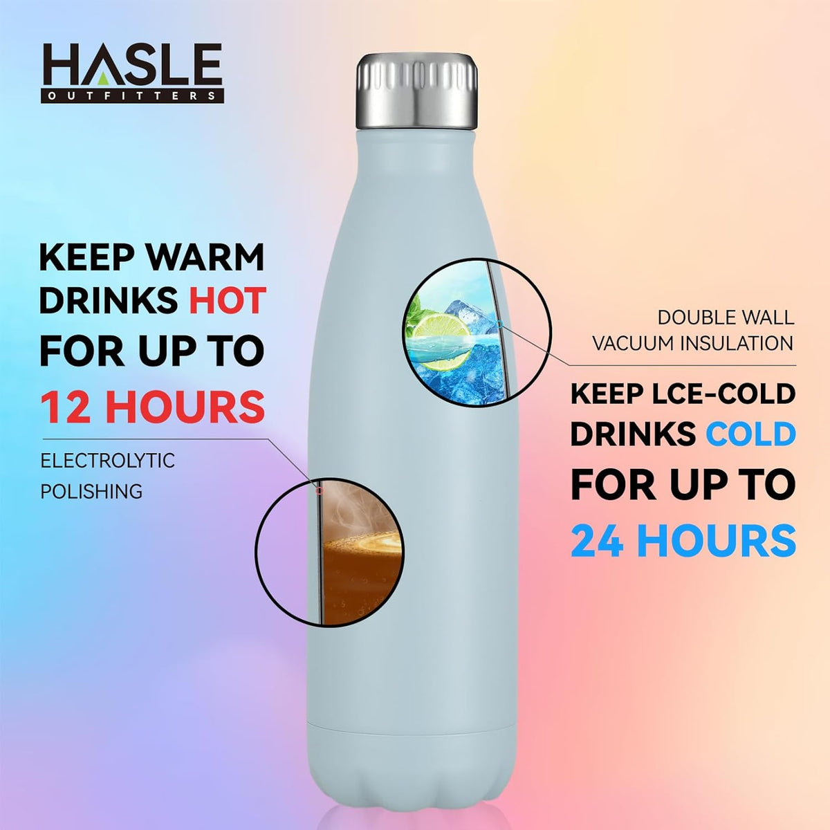 HASLE OUTFITTERS 17oz Stainless Steel Water Bottles, Vacuum Insulated Water Bottles Double Walled Powder Coated Reusable Metal Sports Water Bottles Keep Drinks Hot and Cold,Sky Light Blue, 1Pack
