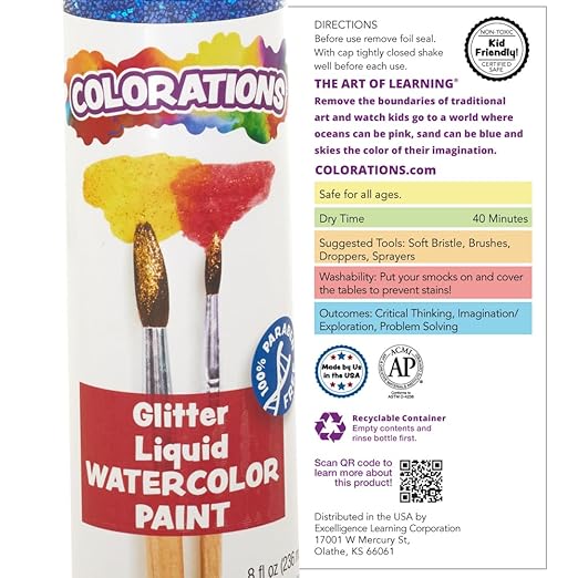 Colorations Liquid Glitter Watercolor Paint, Purple, Non-Toxic, Painting, Kids, Craft, Hobby, Fun, Water Color, Posters, Cool effects, Versatile, Gift, 8 oz.