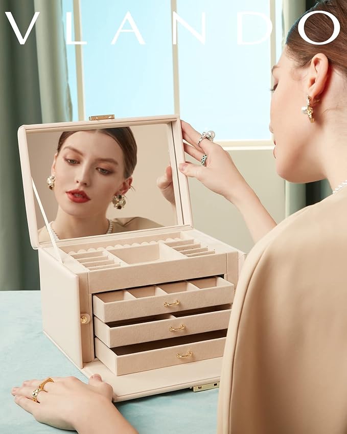 Vlando Jewelry Box for Mothers Day Teacher Appreciation Gifts, 4-Tier Jewelry Organizer with Lock, Mirror Jewelry Box for Earring, Ring, Necklace and Bracelets, Jewelry Storage for Women Girls - Beige