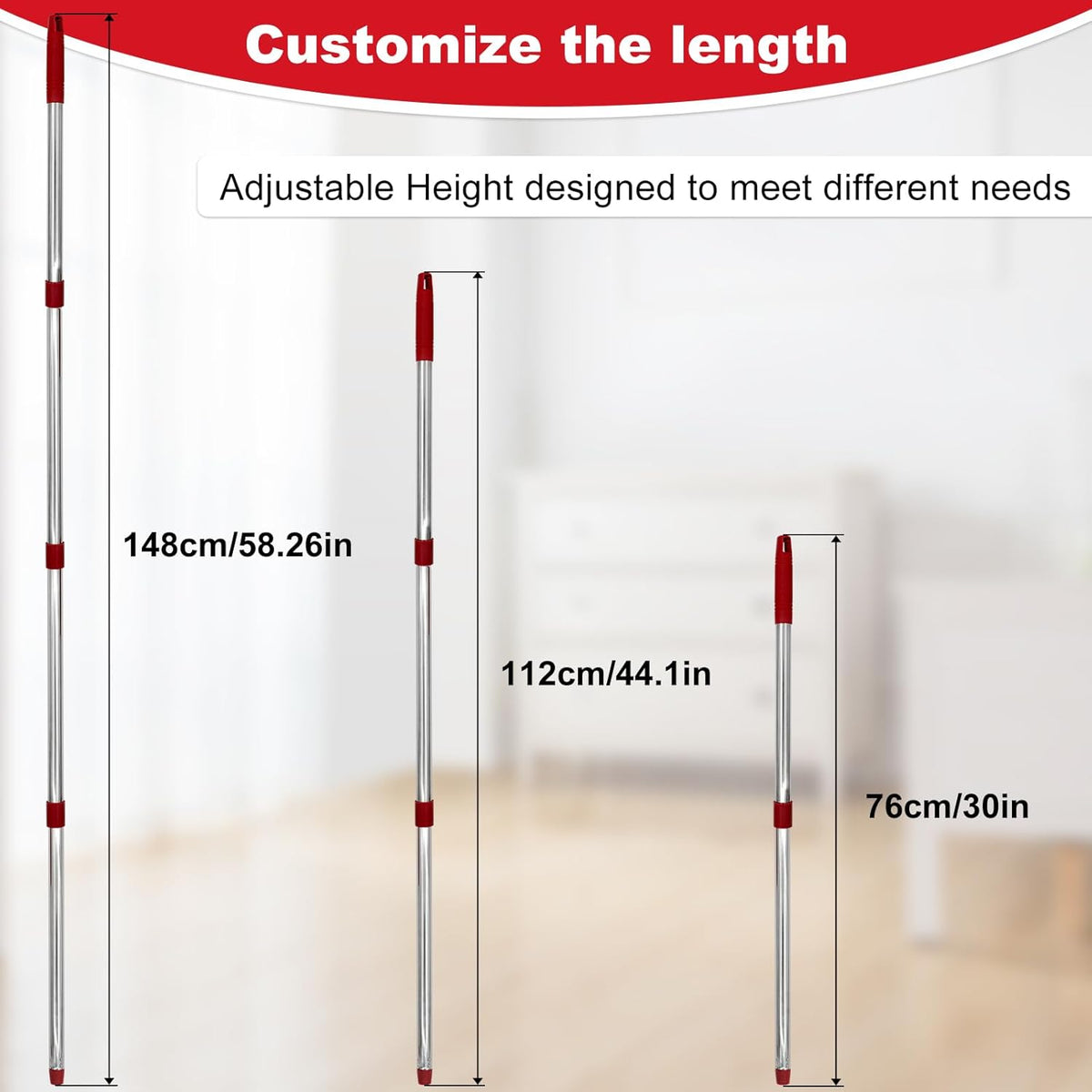 Mop Handle for Ocedar, Spin Mop Handle for O Cedar, 4-Section Mopping Handles Replacement for Ocedar, 30" to 58" Adjustable Stick for O-Cedar, Extra Long Pole Handles for O Cedar
